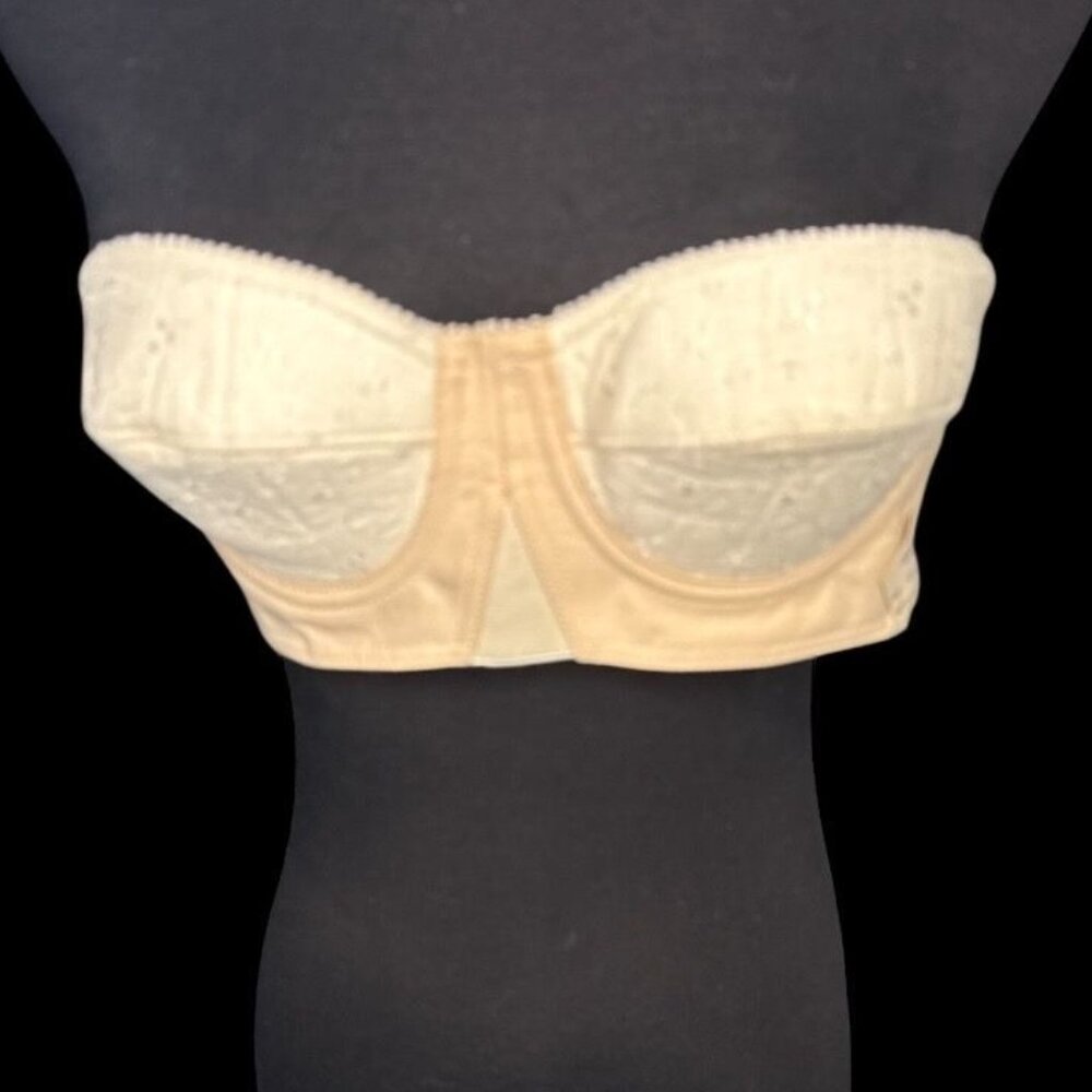 Vintage Mimi De France 34A Strapless Beige Bullet Bra Embroidered Cups  NWT